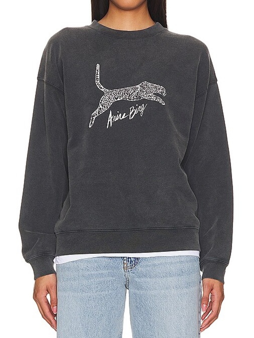 Anine Bing Spencer Sweatshirt Spotted Leopard in Washed Black NWT